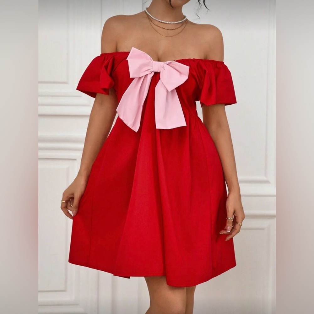 Women Pink and Red Bow Babydoll Mini Dress - Picture 5 of 5